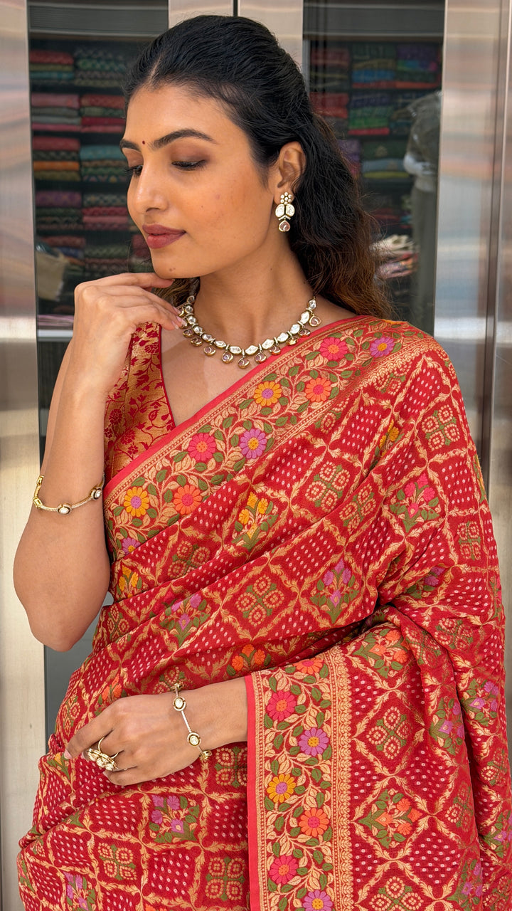 Rani Pink Patola Silk Saree with Floral Heritage Weaving