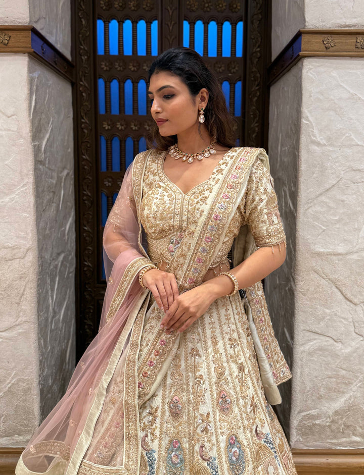 Ivory Gold Heavy Embroidered Bridal Lehenga Set – Royal Heritage Edition