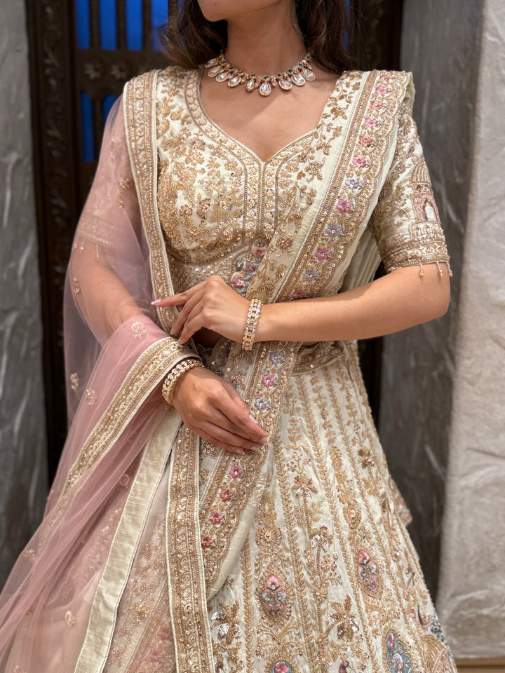 Ivory Gold Heavy Embroidered Bridal Lehenga Set – Royal Heritage Edition