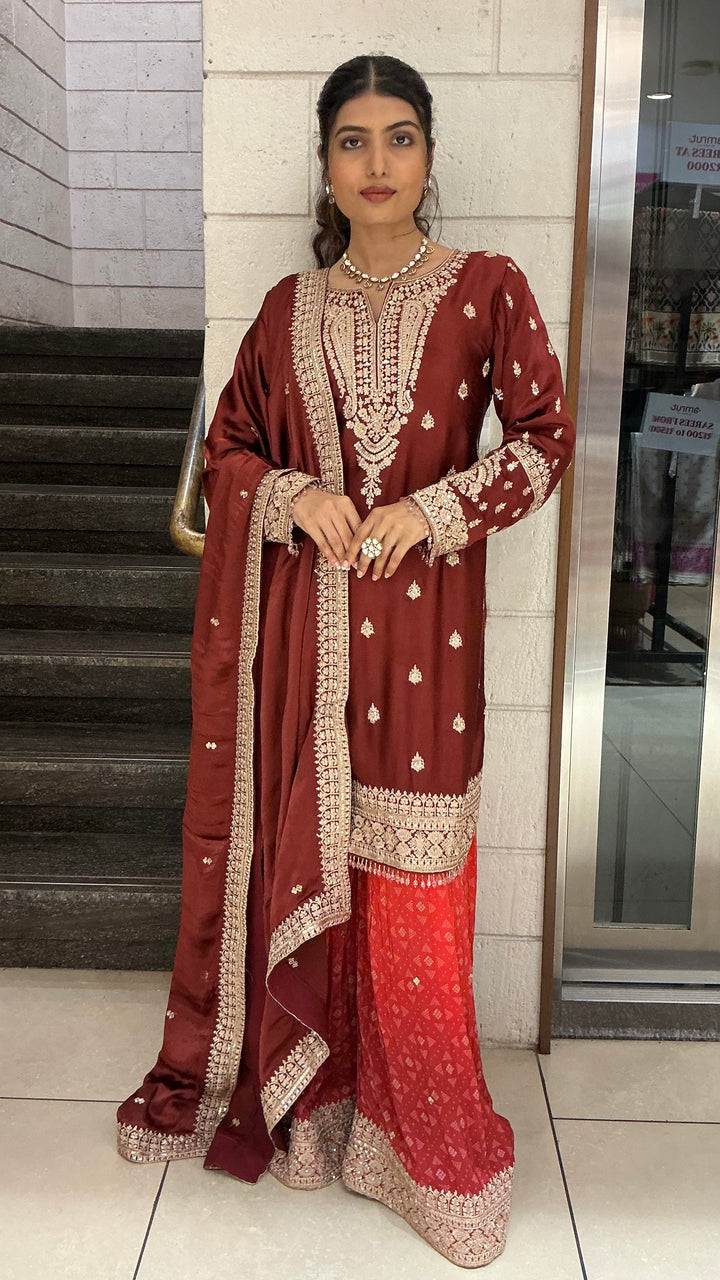 Maroon Embroidered Straight Kurta Sharara Set with Dupatta