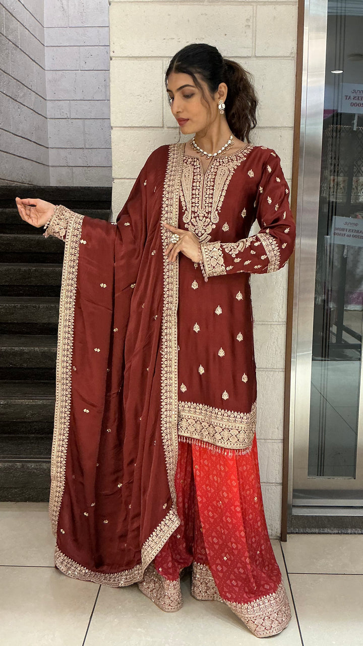 Maroon Embroidered Straight Kurta Sharara Set with Dupatta