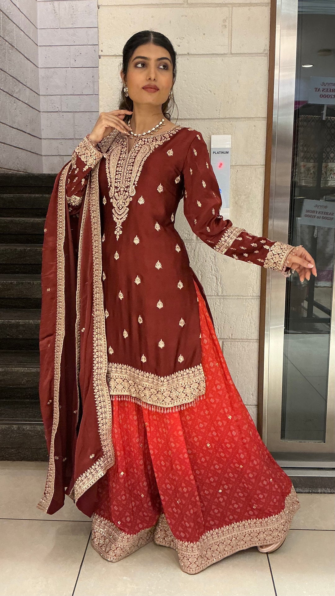 Maroon Embroidered Straight Kurta Sharara Set with Dupatta