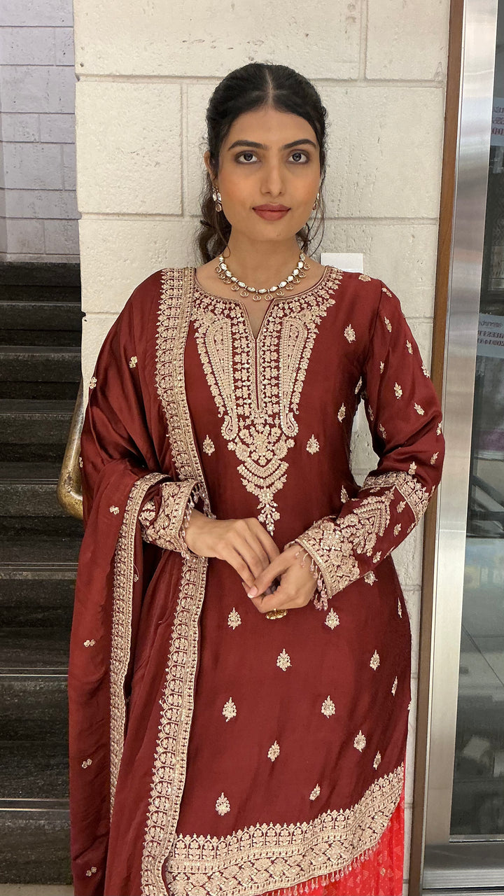 Maroon Embroidered Straight Kurta Sharara Set with Dupatta