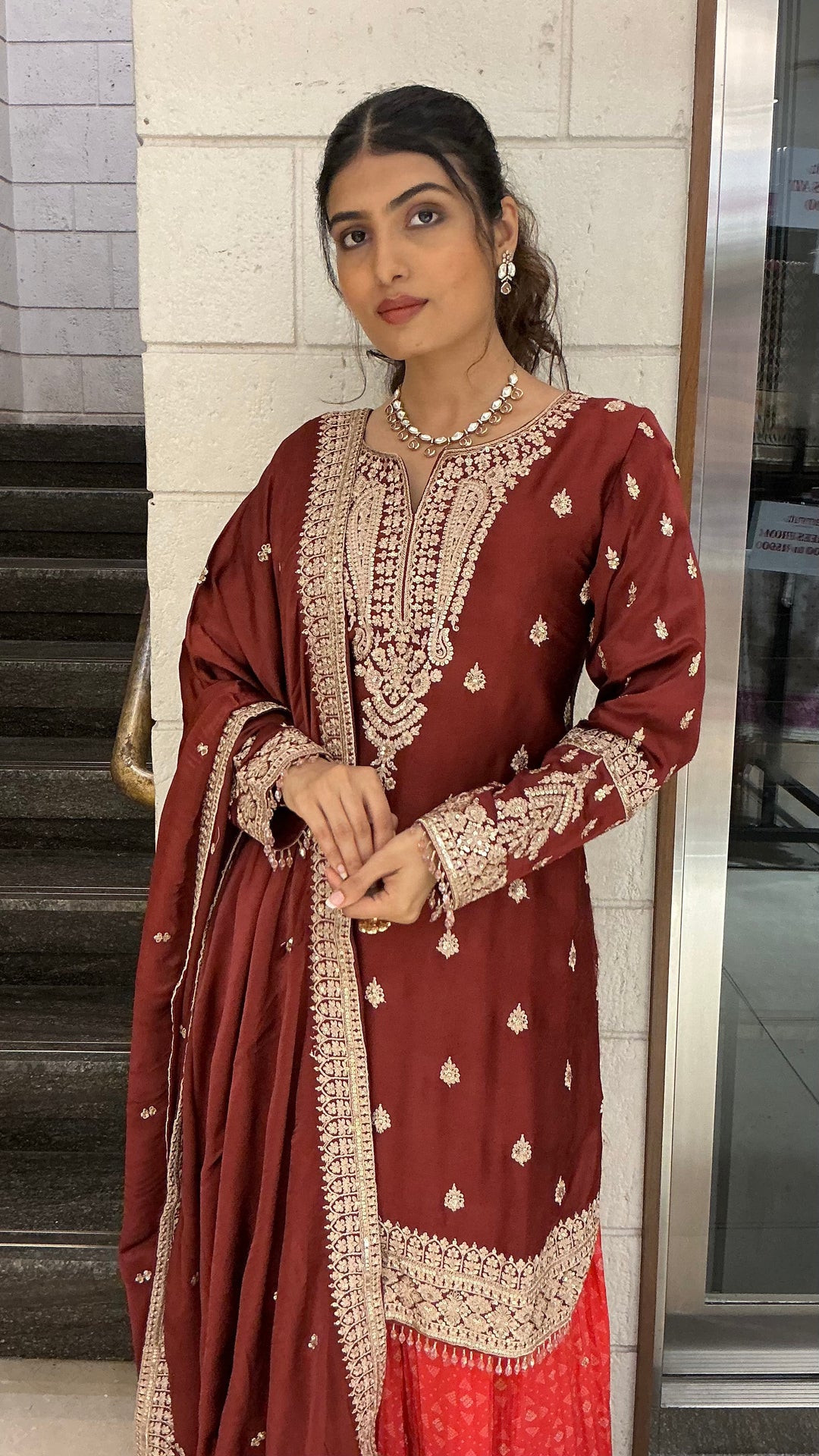 Maroon Embroidered Straight Kurta Sharara Set with Dupatta