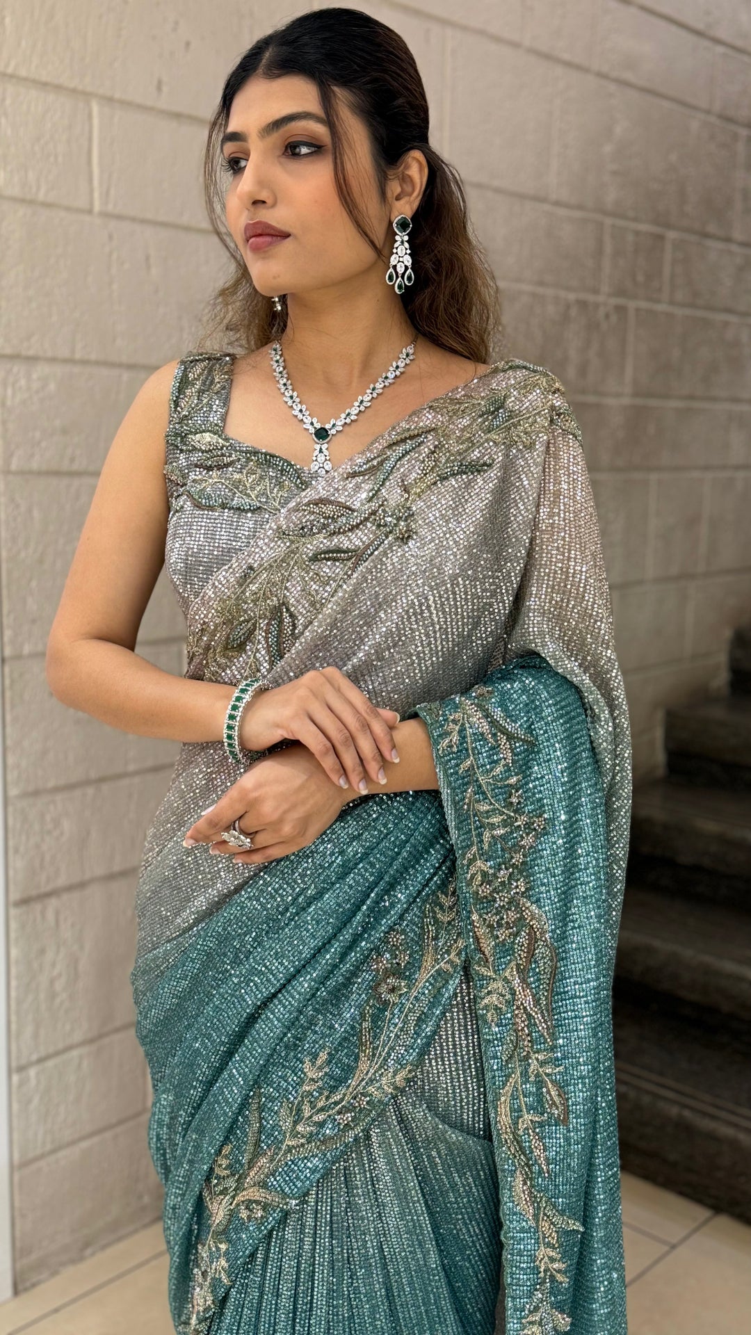 Ocean Green & Silver Dual-Tone Sequin Saree with Embroidered Border