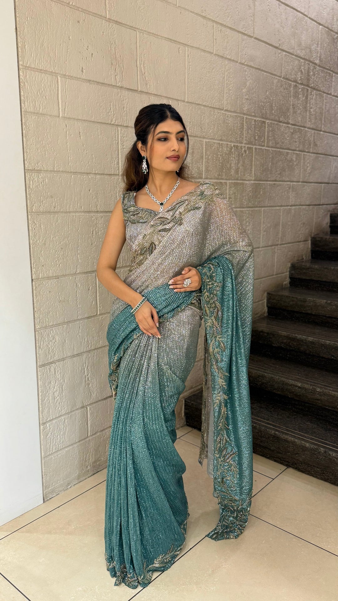 Ocean Green & Silver Dual-Tone Sequin Saree with Embroidered Border