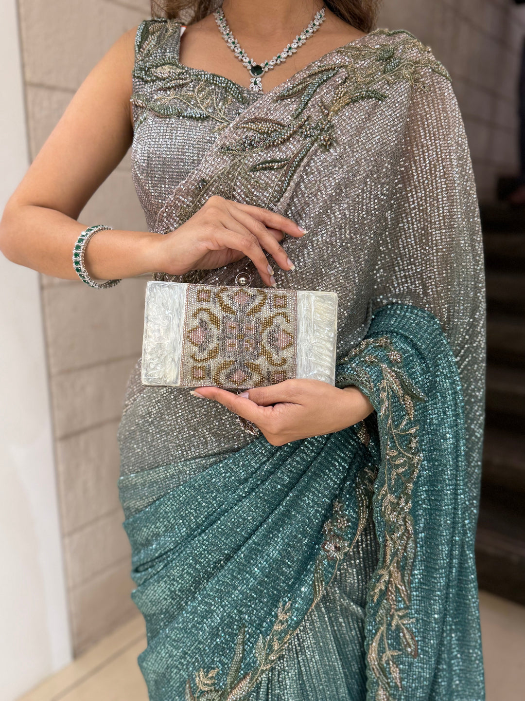 Ocean Green & Silver Dual-Tone Sequin Saree with Embroidered Border