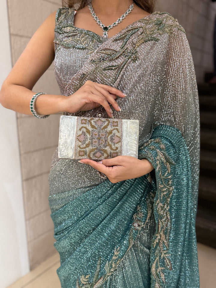 Ocean Green & Silver Dual-Tone Sequin Saree with Embroidered Border