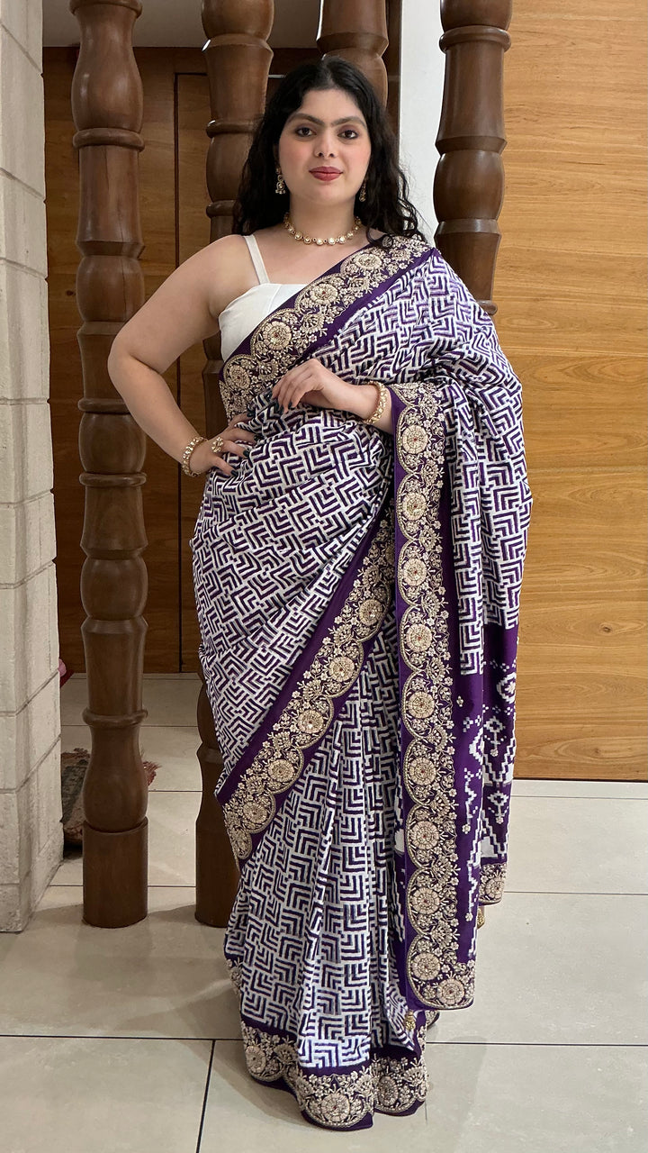 Royal Purple Geometric Print Saree with Ornate Embroidered Border