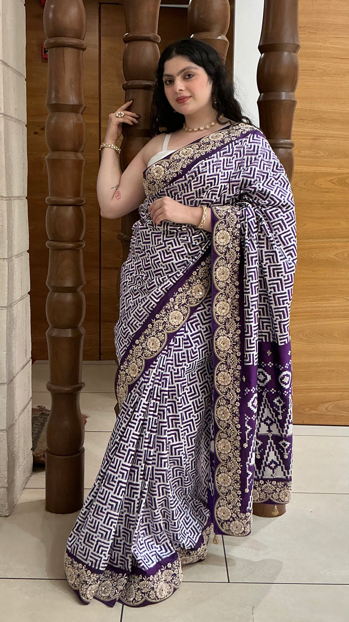 Royal Purple Geometric Print Saree with Ornate Embroidered Border
