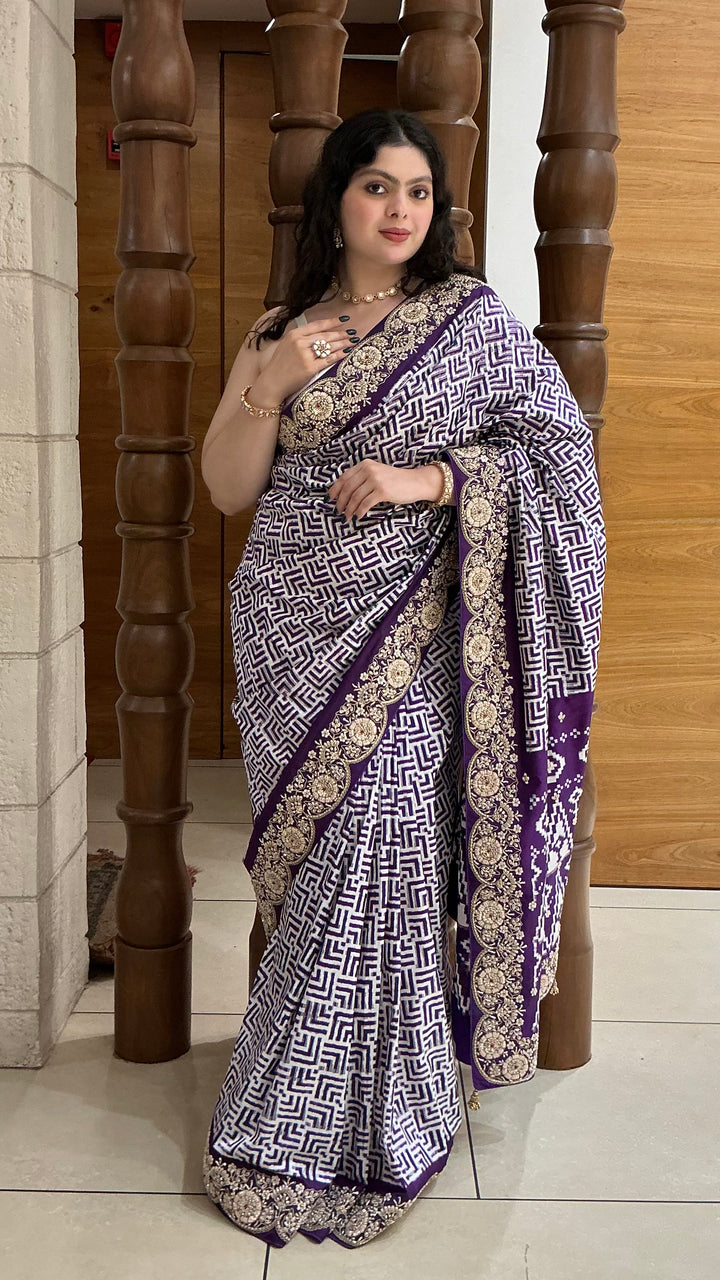 Royal Purple Geometric Print Saree with Ornate Embroidered Border