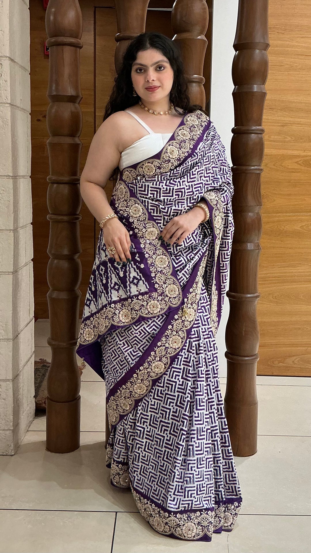 Royal Purple Geometric Print Saree with Ornate Embroidered Border