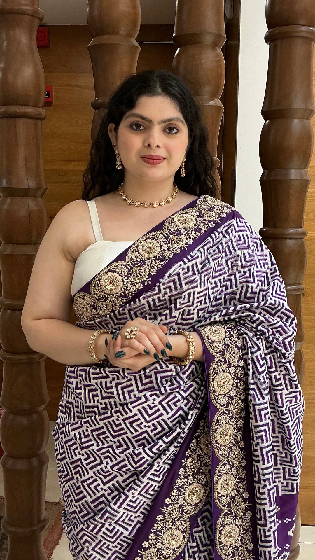 Royal Purple Geometric Print Saree with Ornate Embroidered Border