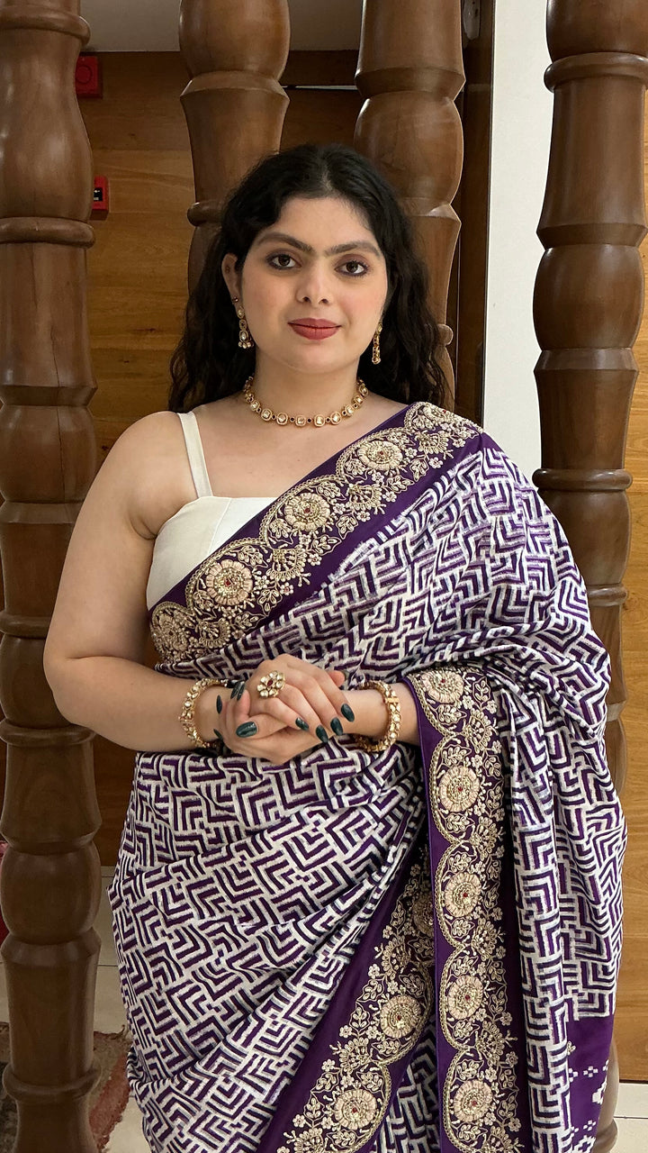Royal Purple Geometric Print Saree with Ornate Embroidered Border
