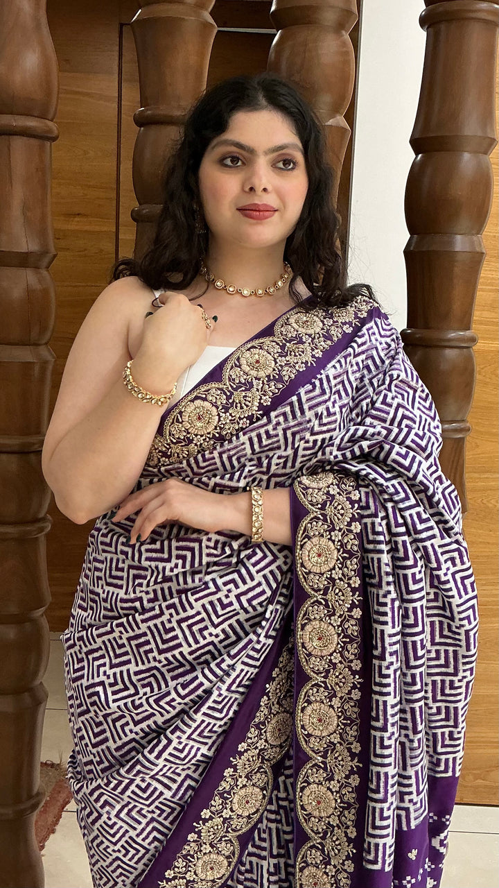 Royal Purple Geometric Print Saree with Ornate Embroidered Border