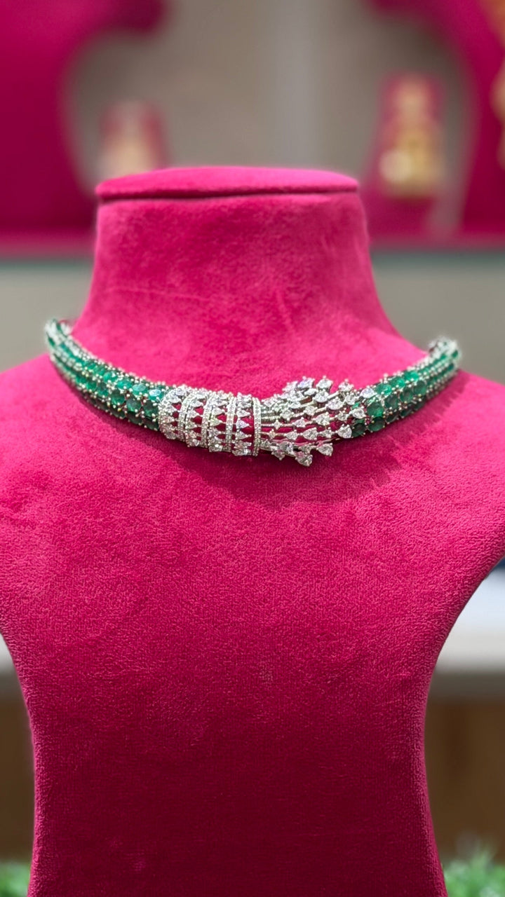 Emerald Green CZ Twist Choker Necklace Set with Matching Hoop Earrings