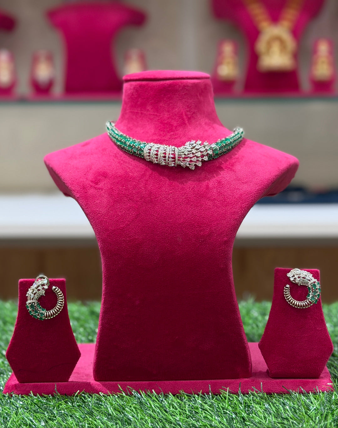 Emerald Green CZ Twist Choker Necklace Set with Matching Hoop Earrings