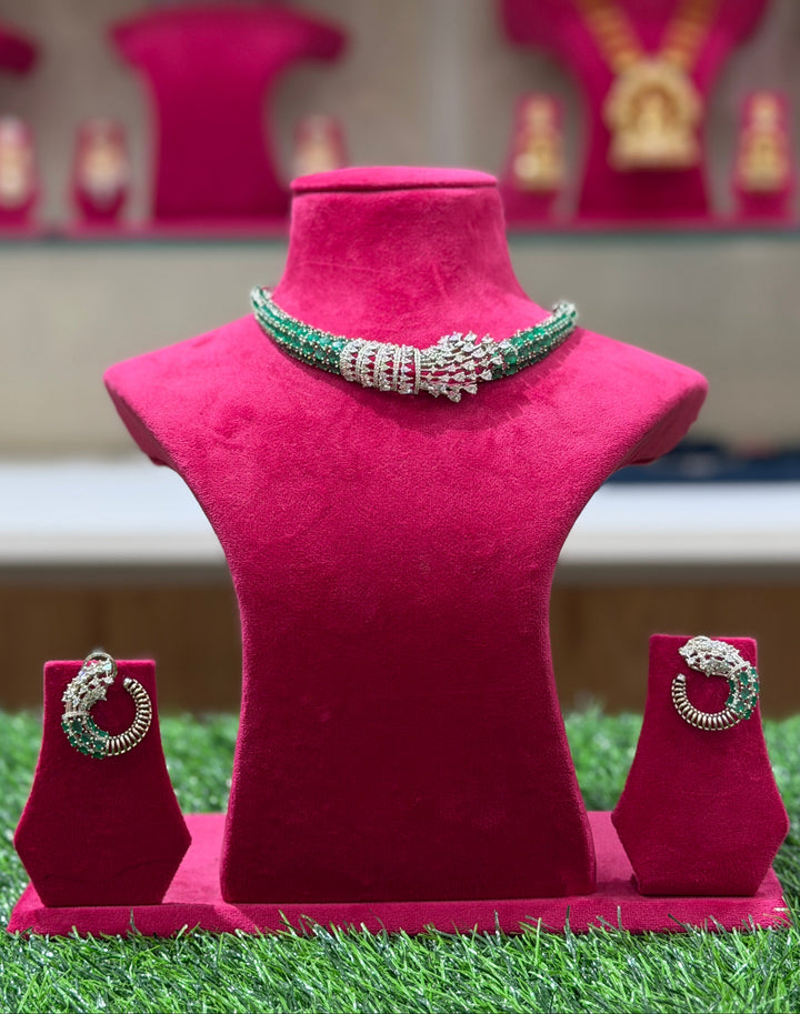 Emerald Green CZ Twist Choker Necklace Set with Matching Hoop Earrings
