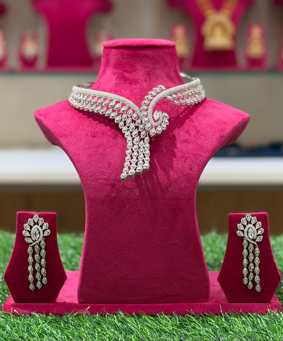 Luxury CZ Designer Wrap Choker Necklace Set with Long Statement Earrings