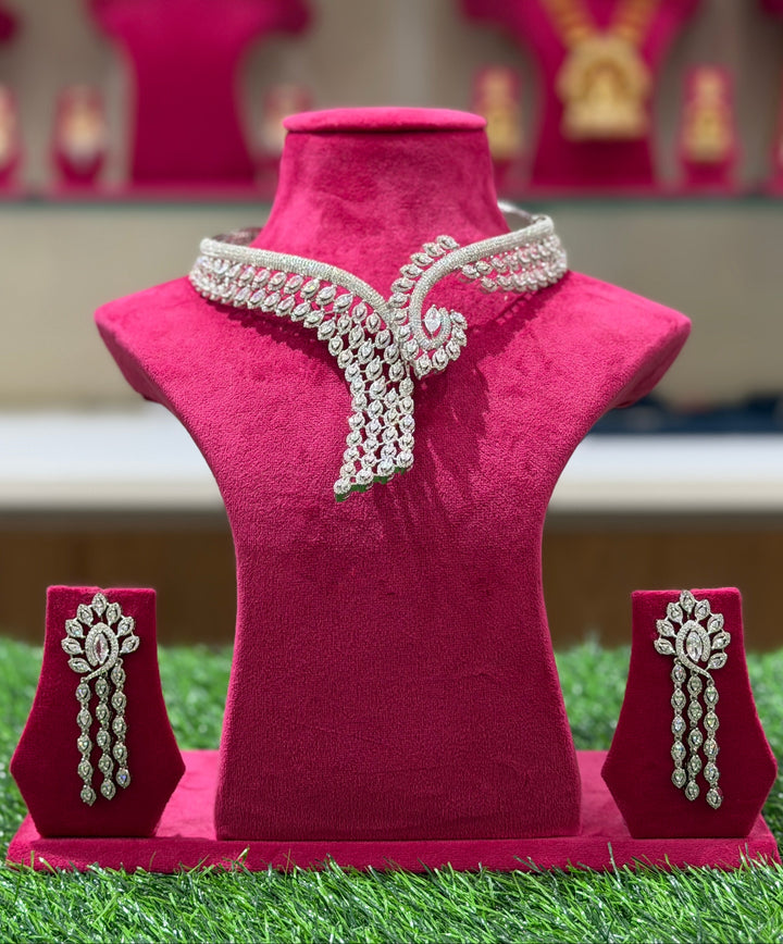 Luxury CZ Designer Wrap Choker Necklace Set with Long Statement Earrings