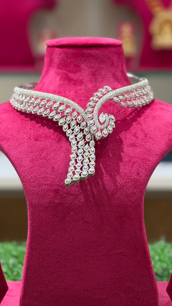 Luxury CZ Designer Wrap Choker Necklace Set with Long Statement Earrings