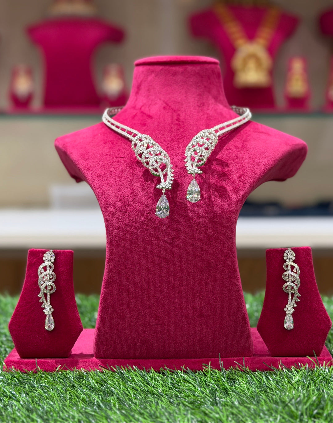Luxury CZ Open Front Necklace Set with Designer Drop Earrings