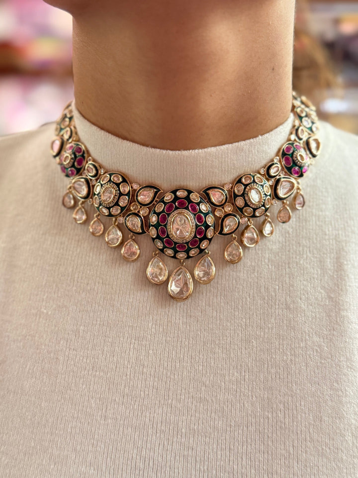 Multicolor Kundan Choker Necklace with Green Enamel Work