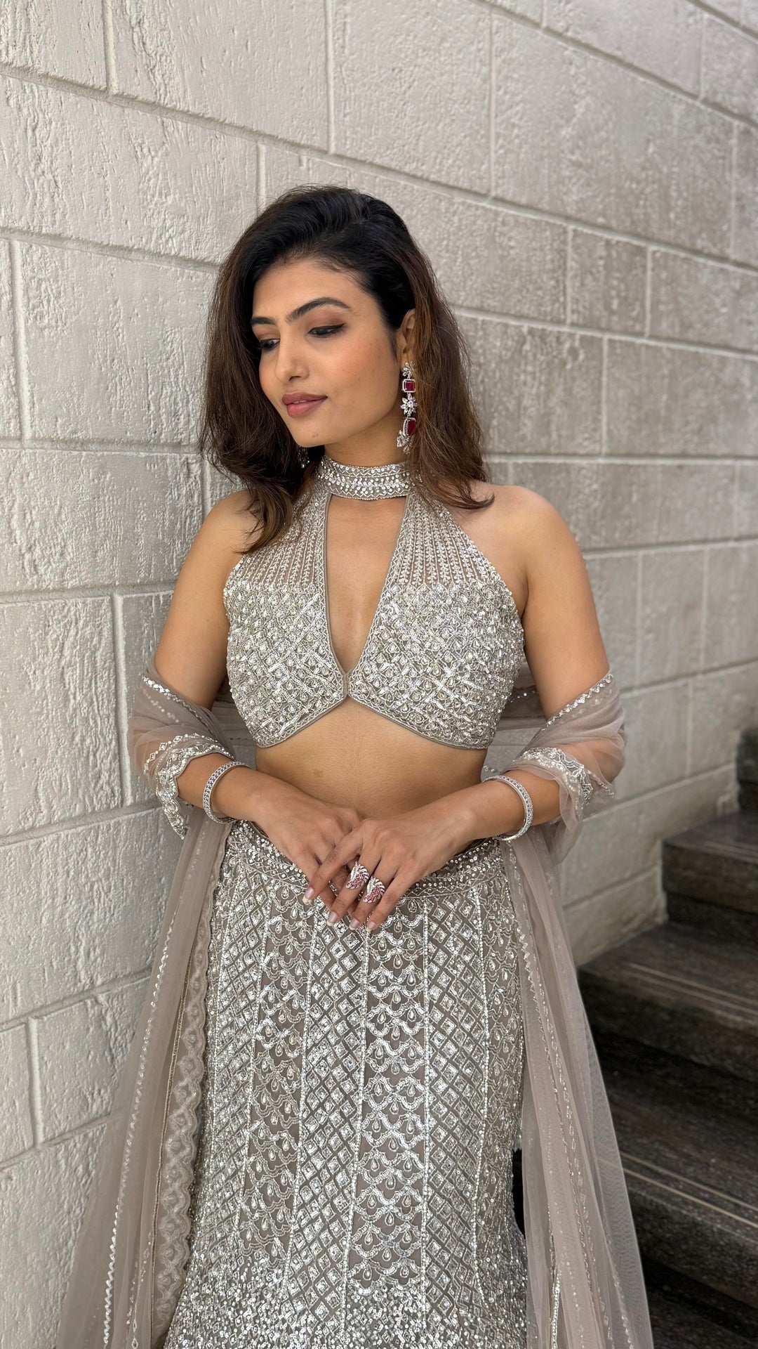 Champagne Silver Sequin Mermaid Lehenga Set with Halter Blouse