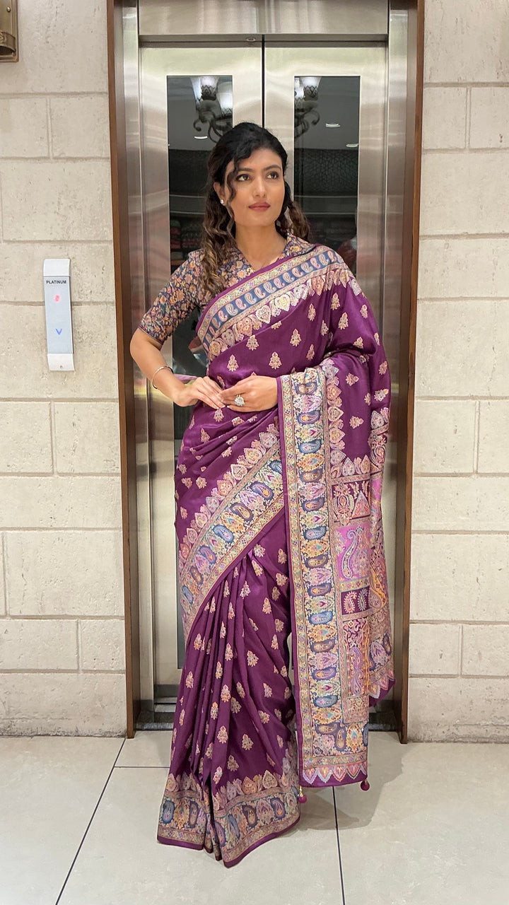 Plum Purple Heritage Paisley Printed Designer Saree