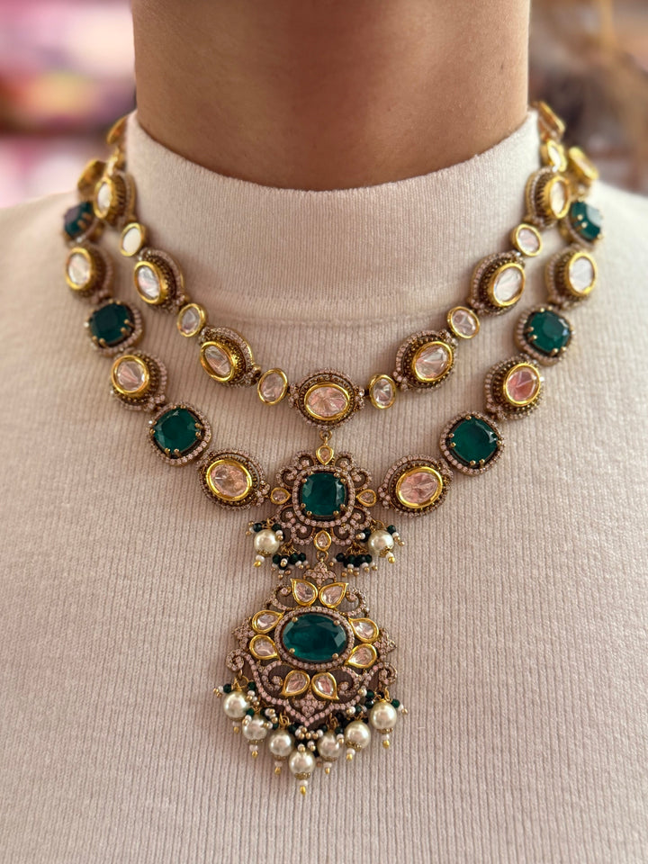 Emerald Green Kundan Long Necklace with Pearl Drops