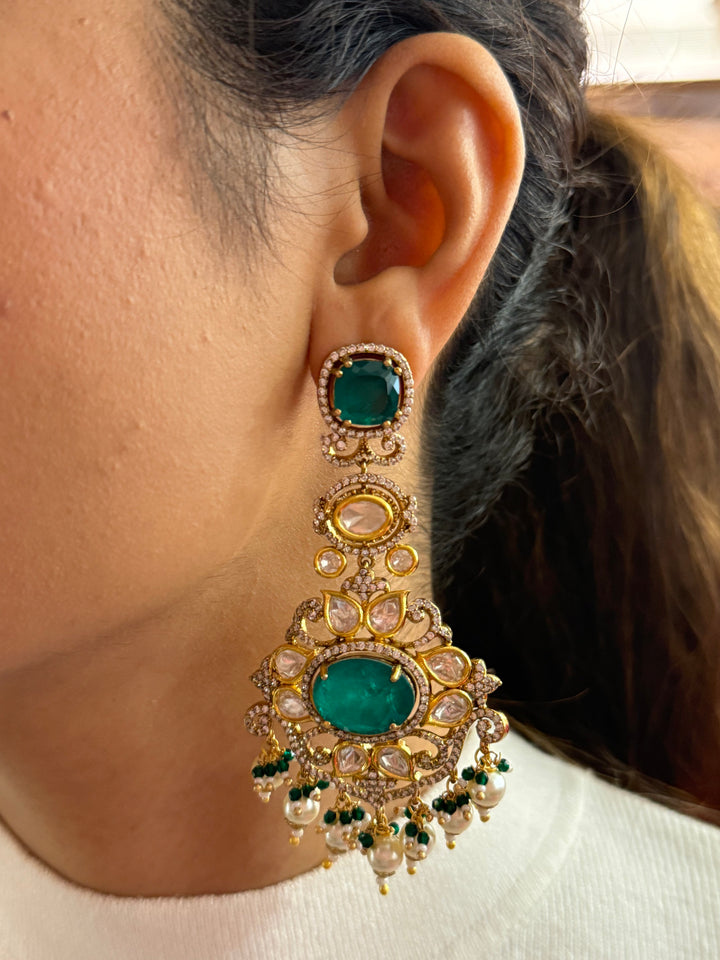 Emerald Green Kundan Long Necklace with Pearl Drops