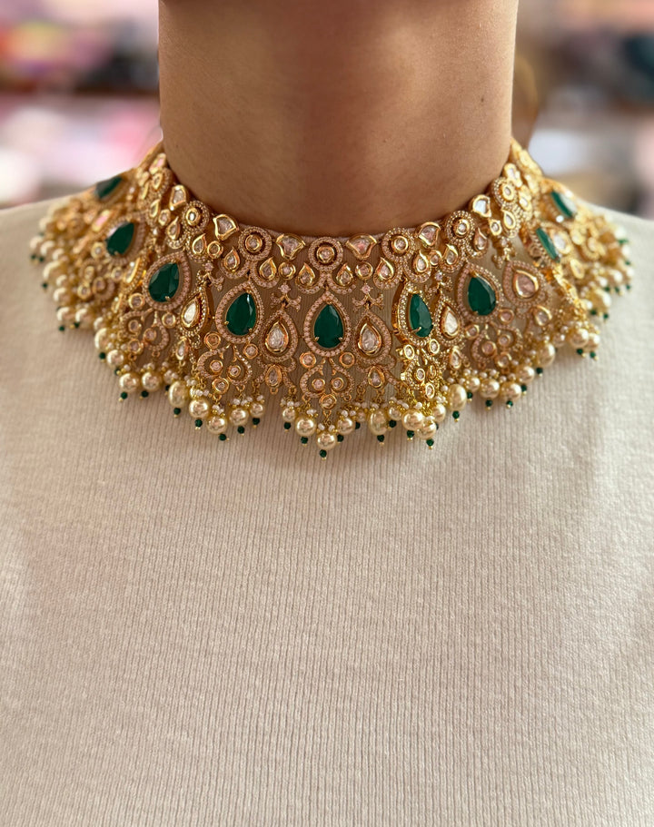 Gold-Plated Kundan & Emerald Green Stone Choker Necklace with Pearl Drops
