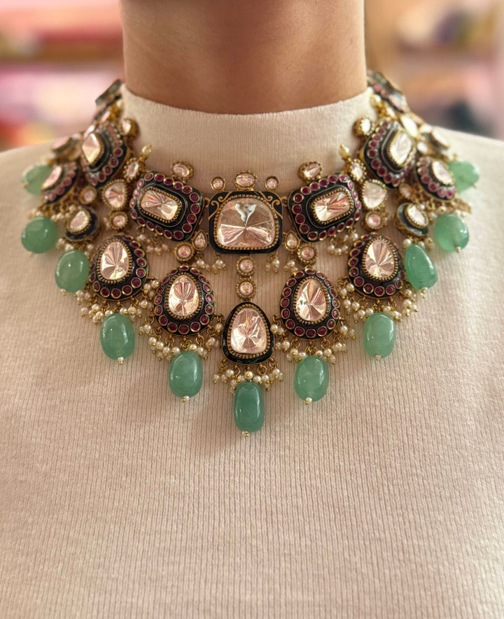 Statement Kundan & Mint Green Beaded Choker Necklace with Pink Enamel