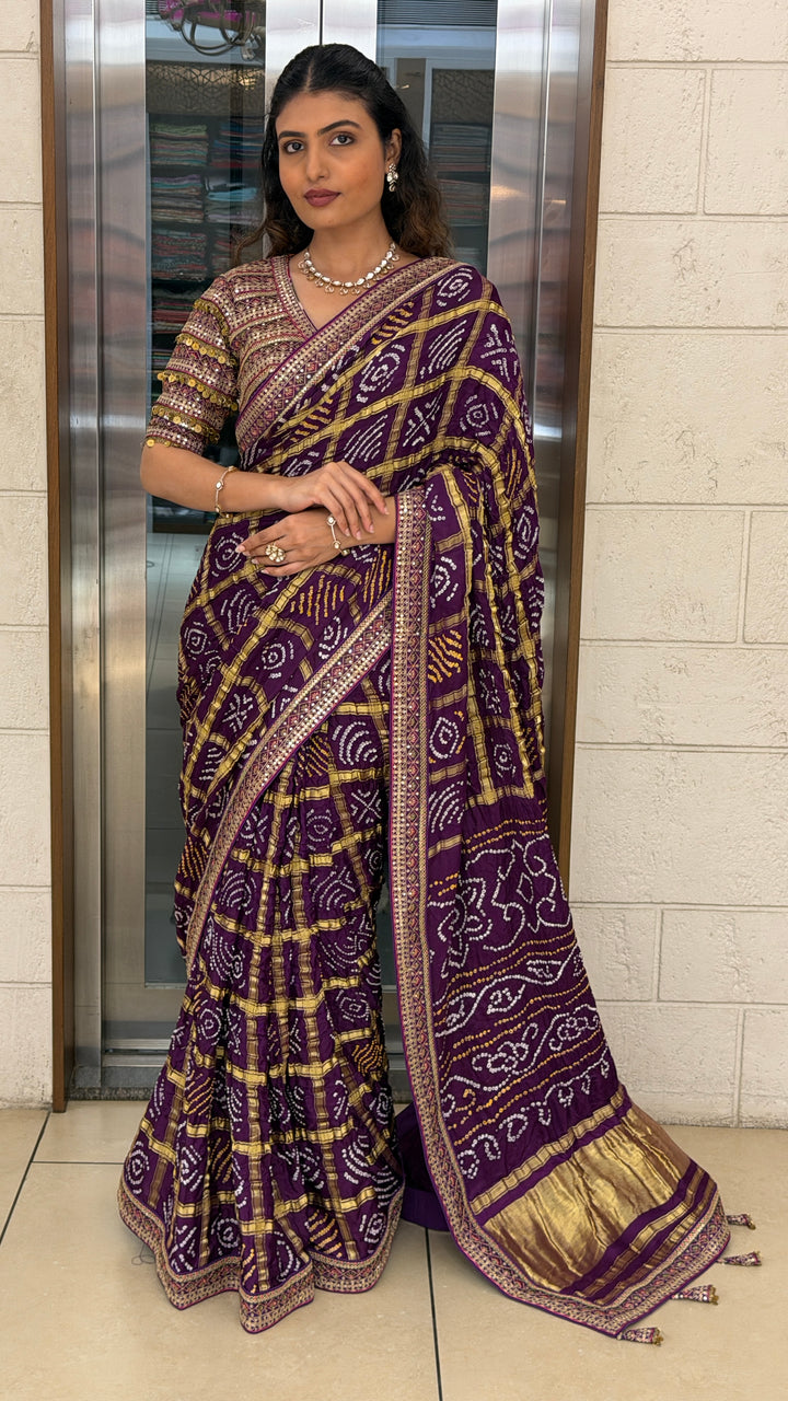 Royal Purple Bandhani Silk Saree with Zari Border