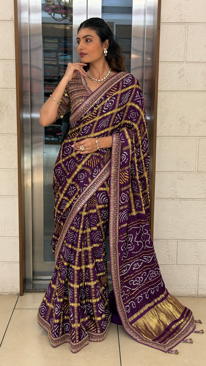 Royal Purple Bandhani Silk Saree with Zari Border