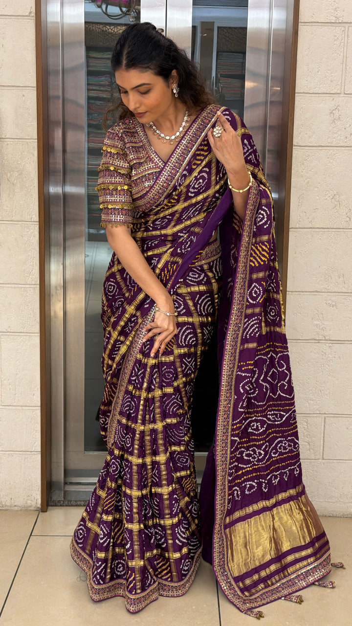 Royal Purple Bandhani Silk Saree with Zari Border