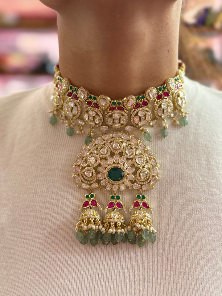 Grand Kundan Choker Necklace with Statement Pendant & Multicolor Stone Detailing