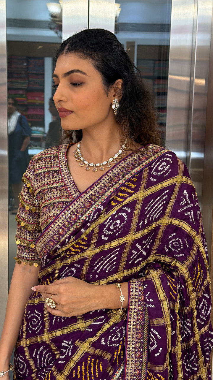 Royal Purple Bandhani Silk Saree with Zari Border
