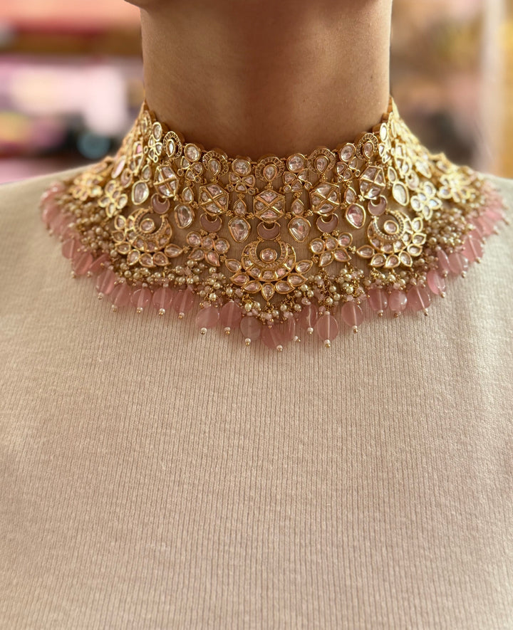 Gold-Plated Kundan Choker Necklace with Pink Bead Detailing & Matching Maang Tikka