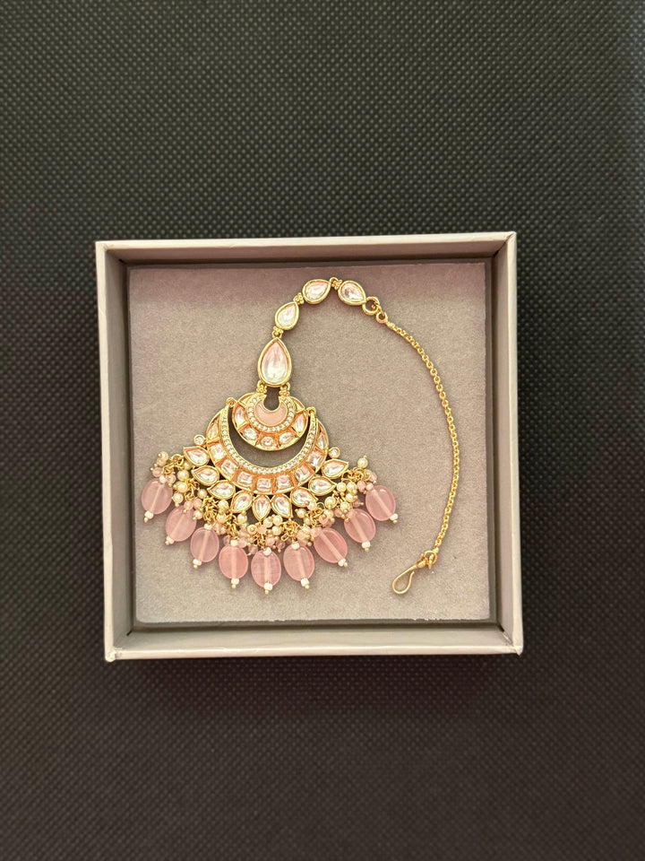 Gold-Plated Kundan Choker Necklace with Pink Bead Detailing & Matching Maang Tikka