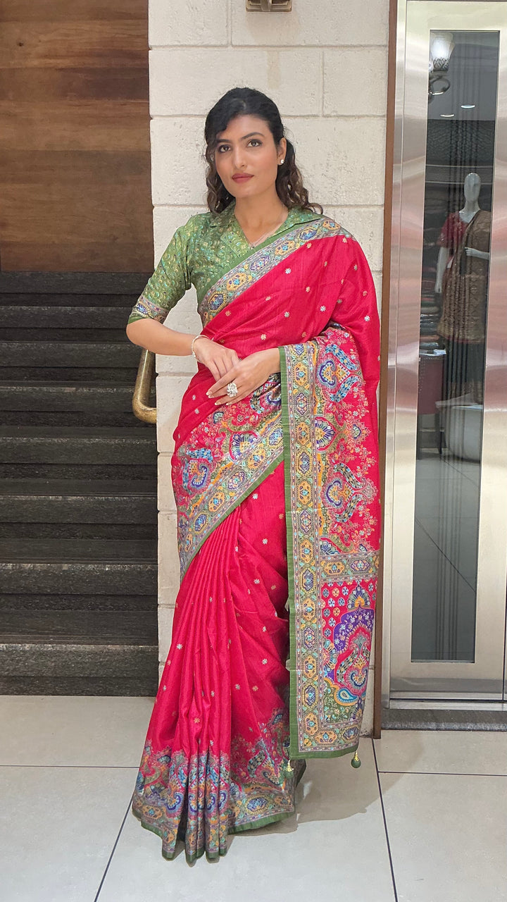 Red & Olive Green Heritage Paisley Printed Designer Saree