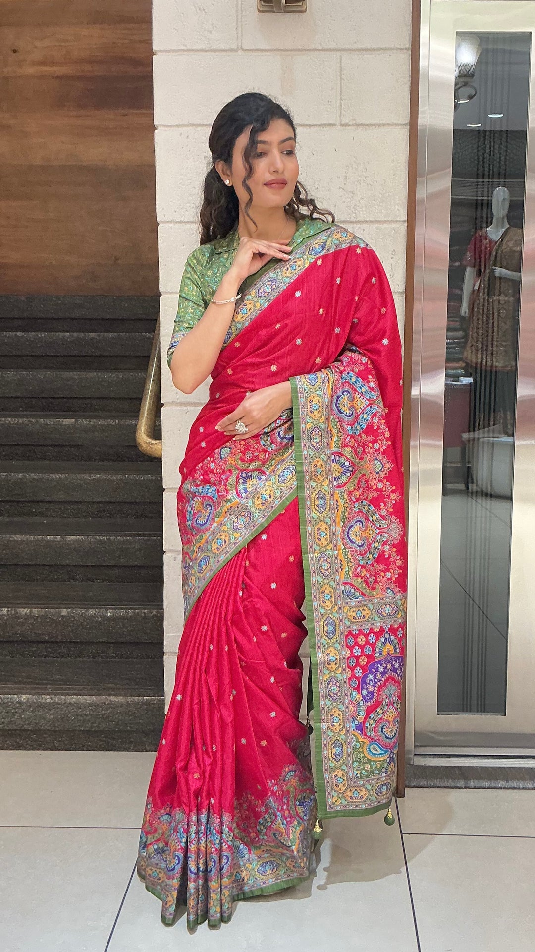 Red & Olive Green Heritage Paisley Printed Designer Saree
