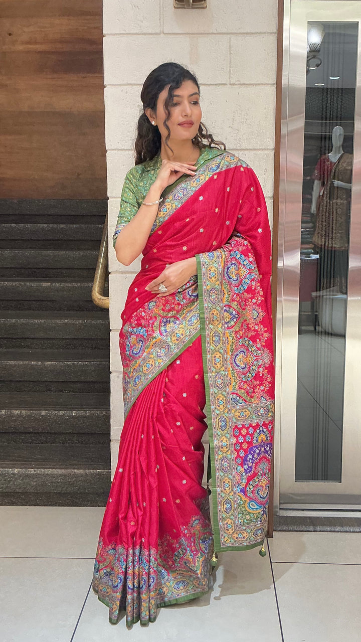 Red & Olive Green Heritage Paisley Printed Designer Saree