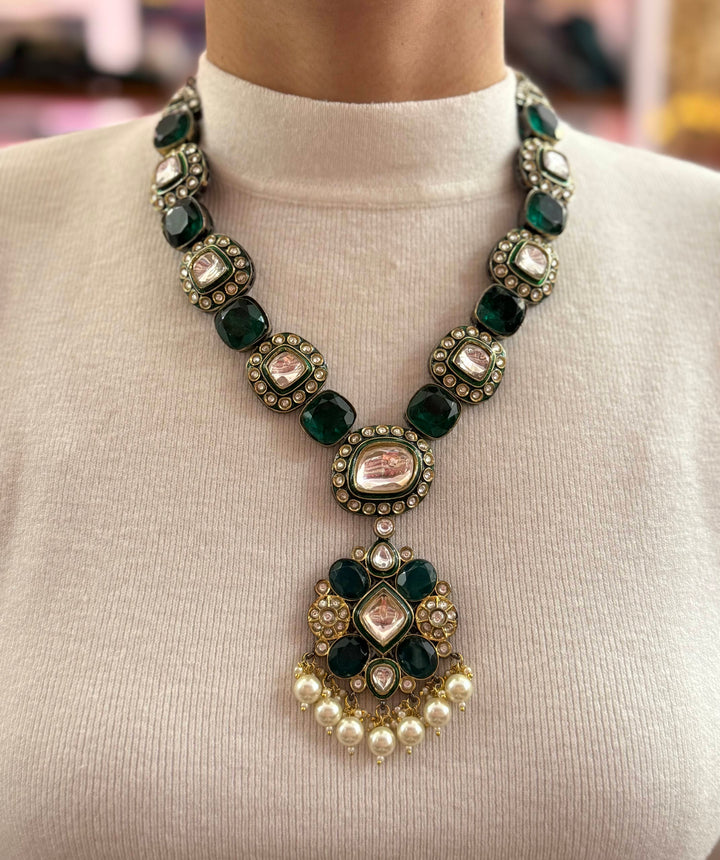 Emerald Green Kundan Statement Necklace with Pearl Drops