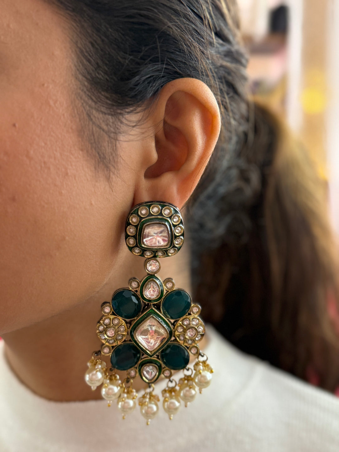 Emerald Green Kundan Statement Necklace with Pearl Drops