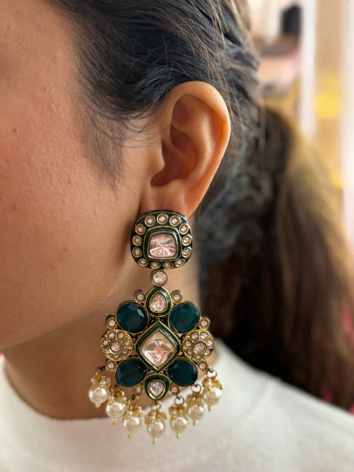 Emerald Green Kundan Statement Necklace with Pearl Drops