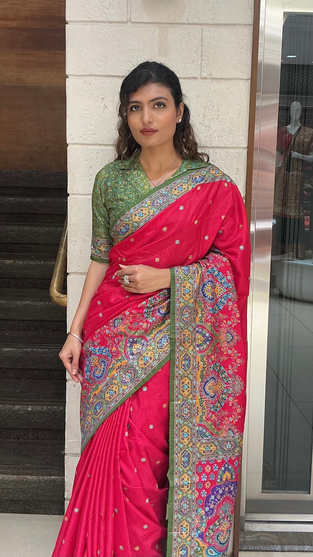 Red & Olive Green Heritage Paisley Printed Designer Saree