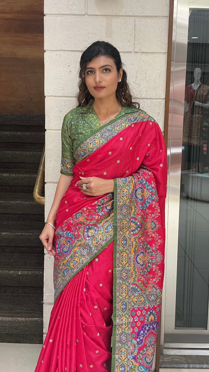 Red & Olive Green Heritage Paisley Printed Designer Saree