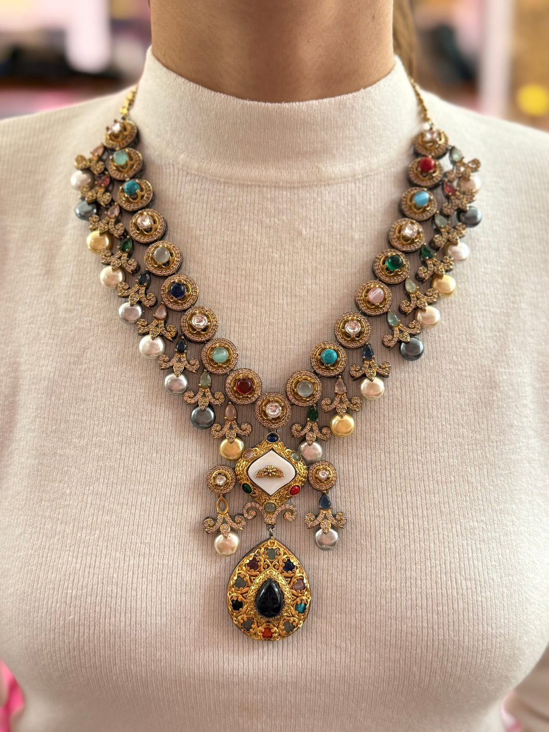 Navratna Kundan Necklace with Multicolor Gemstones & Pearls