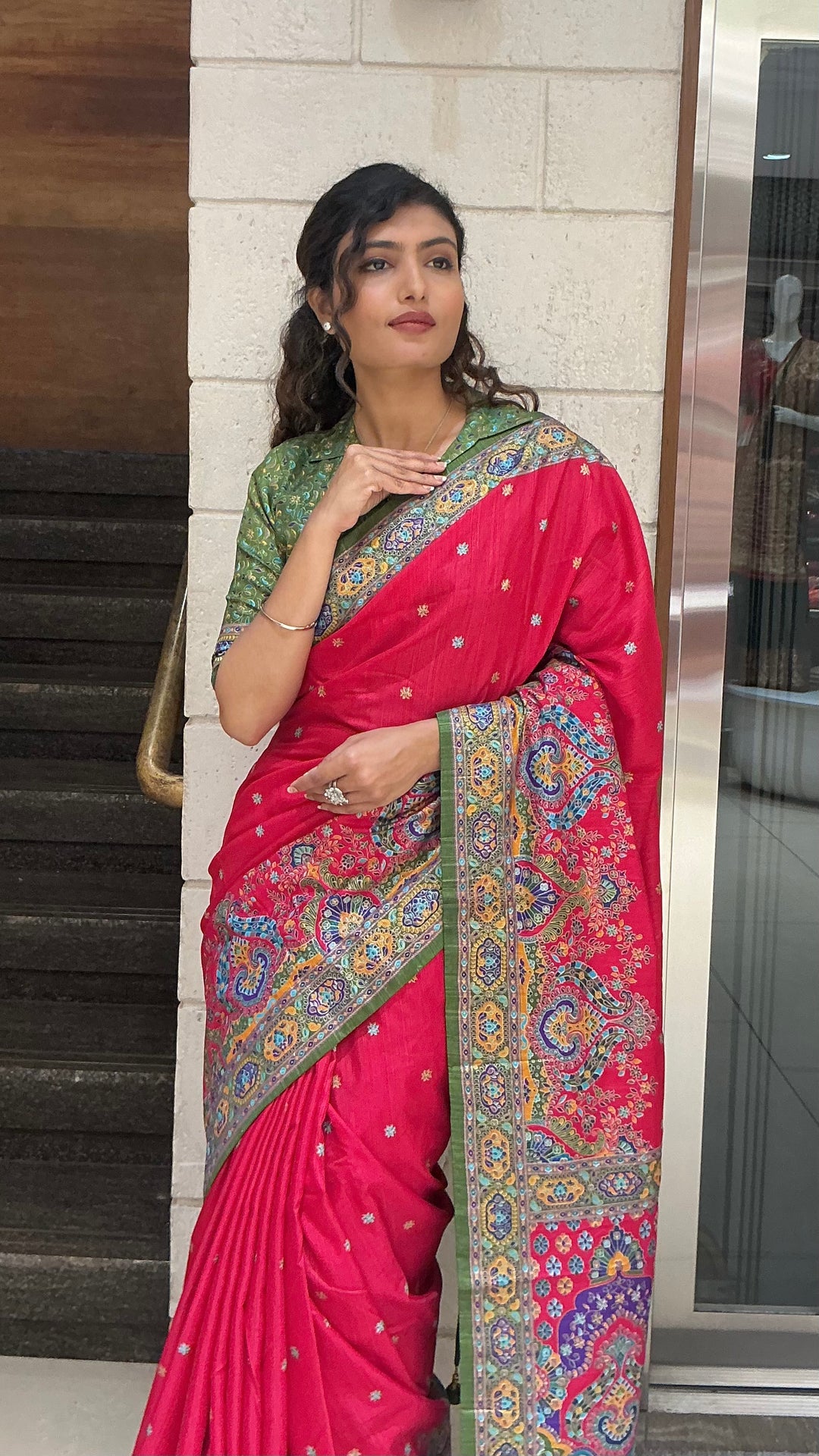 Red & Olive Green Heritage Paisley Printed Designer Saree